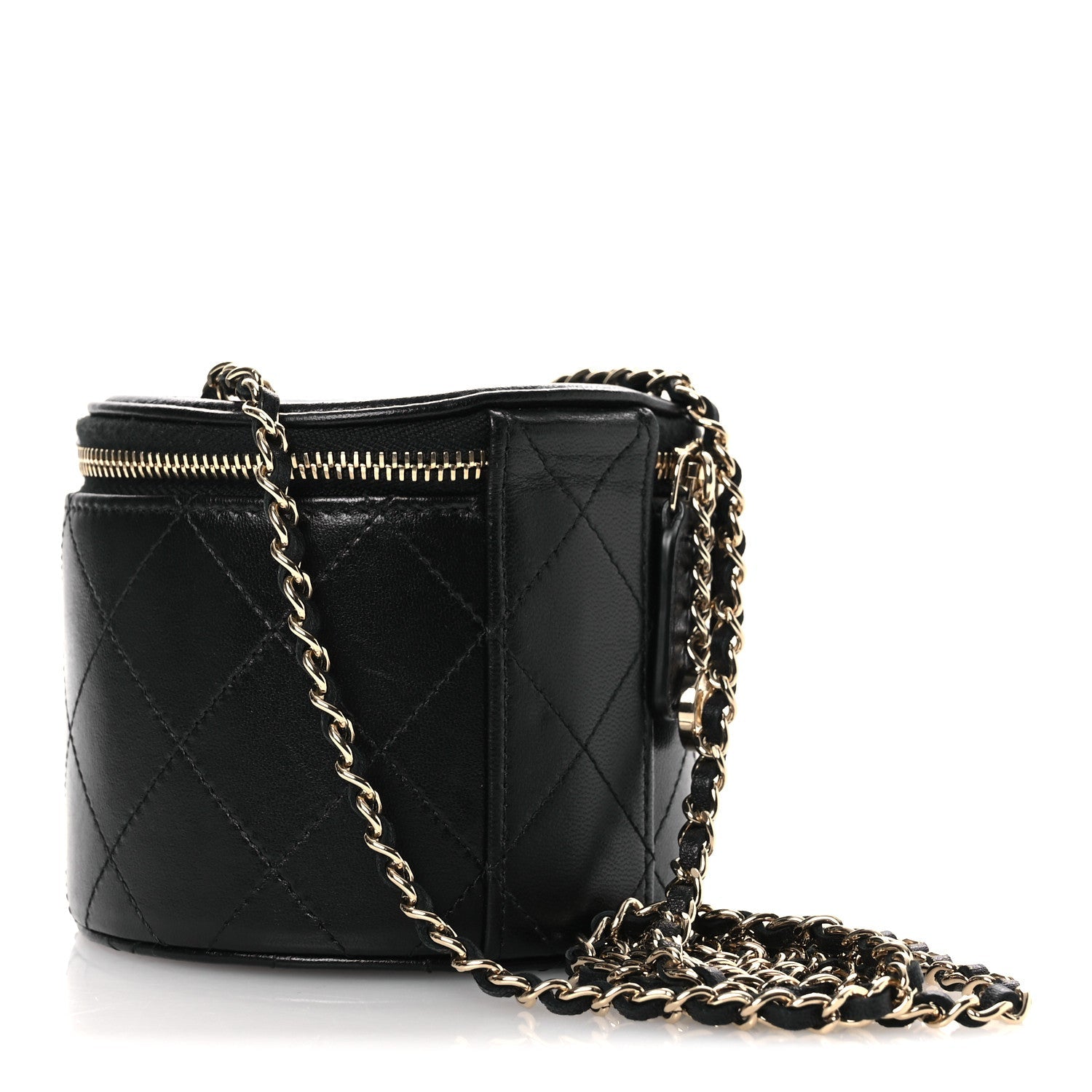 Chanel Lambskin Quilted Round Small Vanity Case With Chain Black