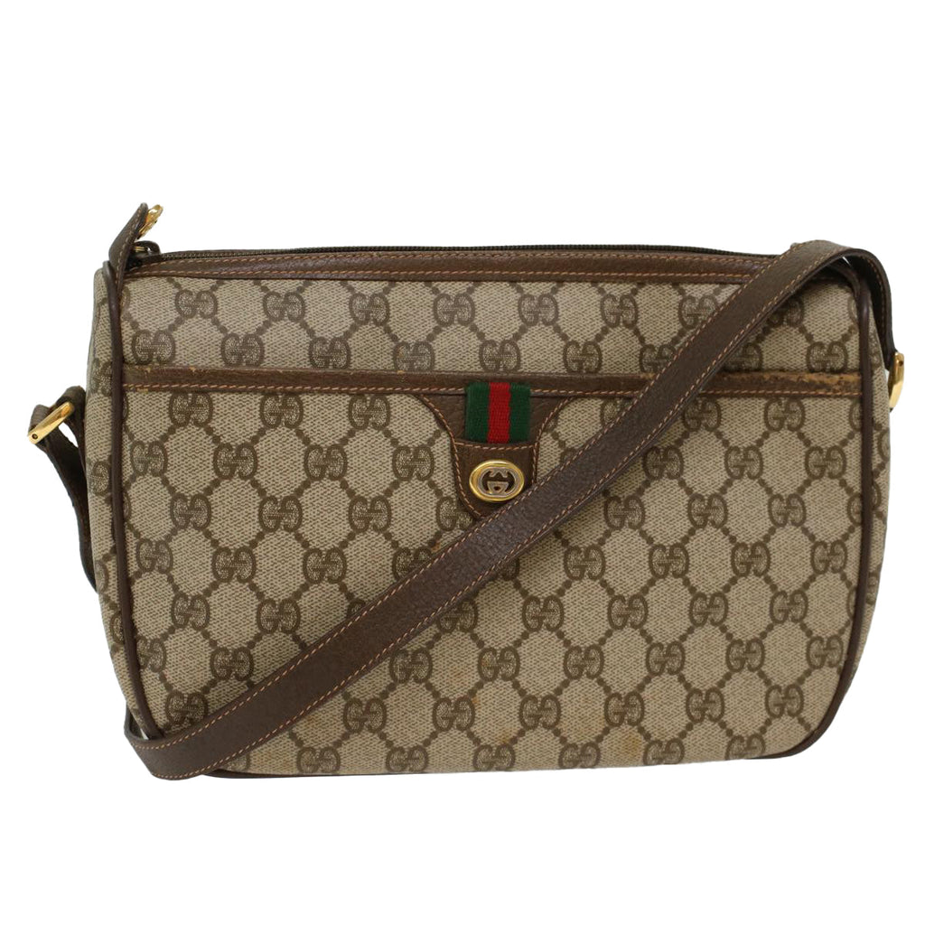 GUCCI GG Canvas Web Sherry Line Shoulder Bag PVC Leather Beige Green  47988