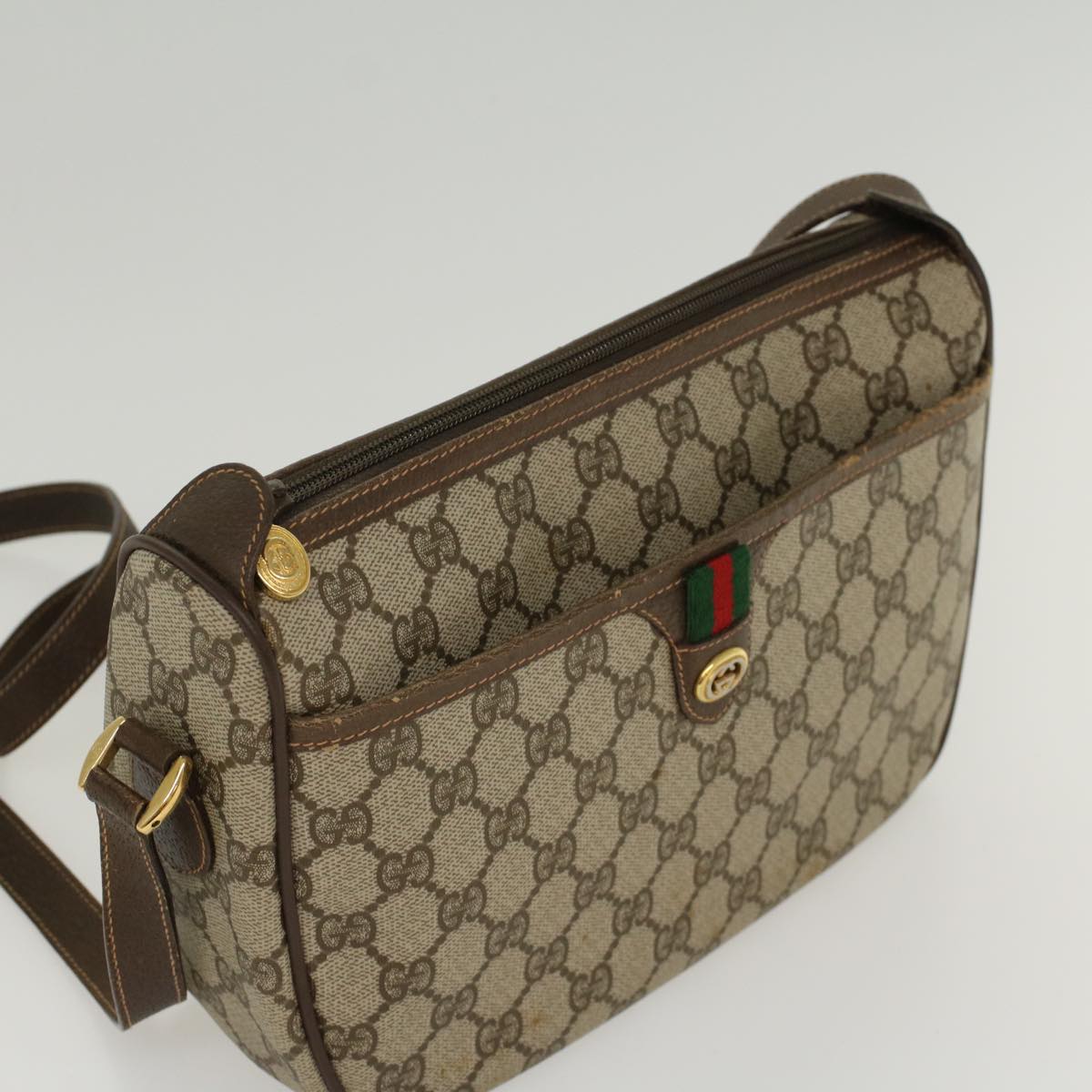 GUCCI GG Canvas Web Sherry Line Shoulder Bag PVC Leather Beige Green  47988
