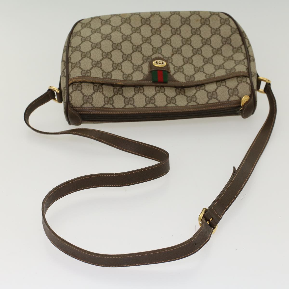 GUCCI GG Canvas Web Sherry Line Shoulder Bag PVC Leather Beige Green  47988