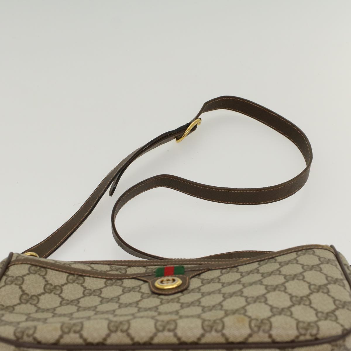 GUCCI GG Canvas Web Sherry Line Shoulder Bag PVC Leather Beige Green  47988