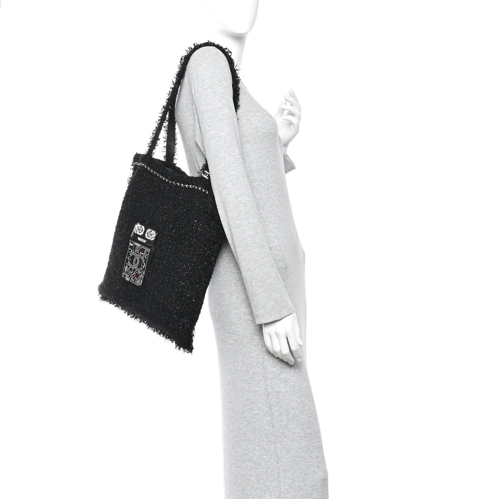 Chanel Tweed Resin Strass Large Robot Shopping Bag Black