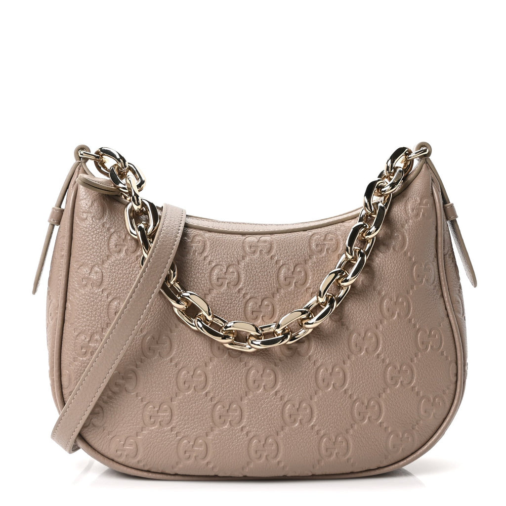 Gucci GG Grainy Calfskin Emblem Medium Half Moon Shoulder Bag Taupe