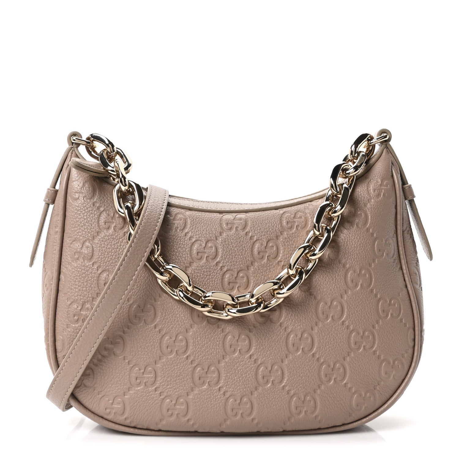 Gucci GG Grainy Calfskin Emblem Medium Half Moon Shoulder Bag Taupe