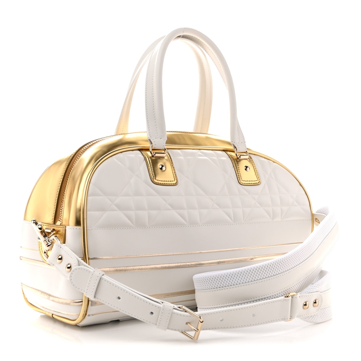 Christian Dior Calfskin Padded Macrocannage Medium Dior Vibe Zip Bowling Bag White Gold