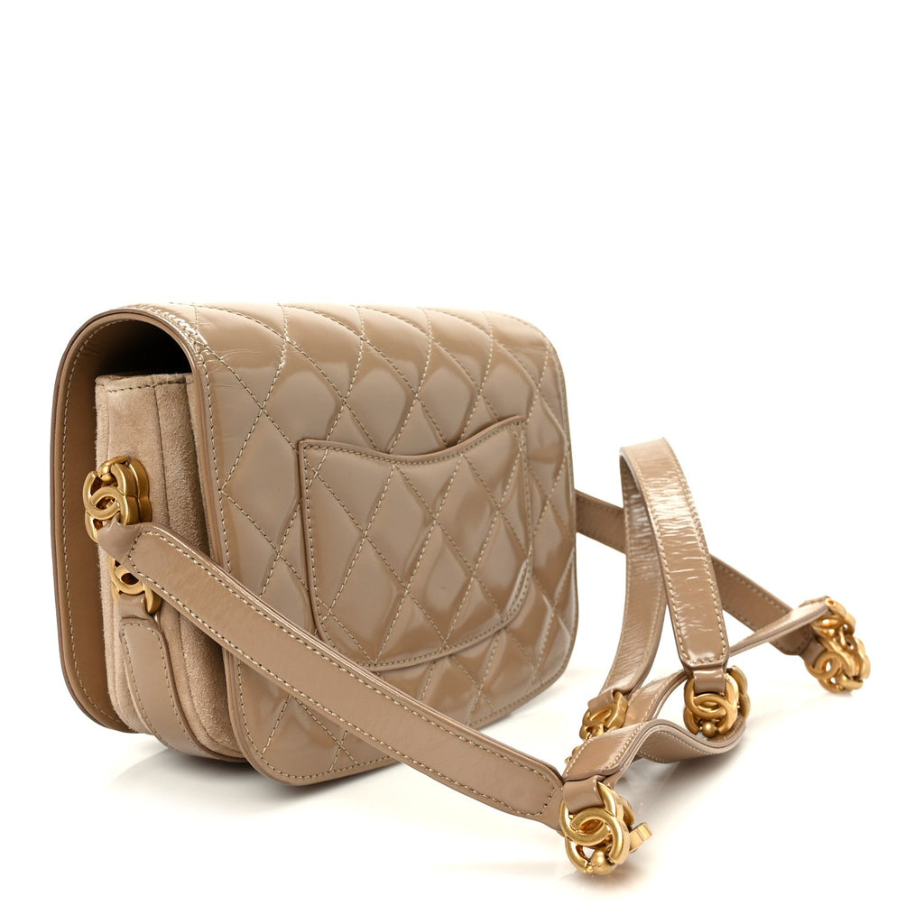 Chanel Shiny Calfskin Quilted Suede Goatskin Mini Messenger Beige