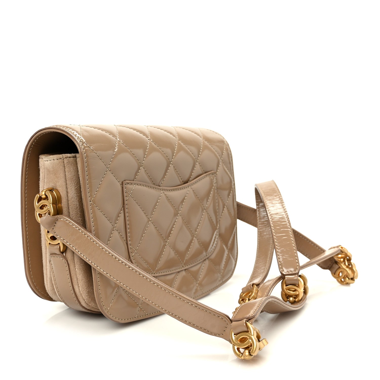 Chanel Shiny Calfskin Quilted Suede Goatskin Mini Messenger Beige