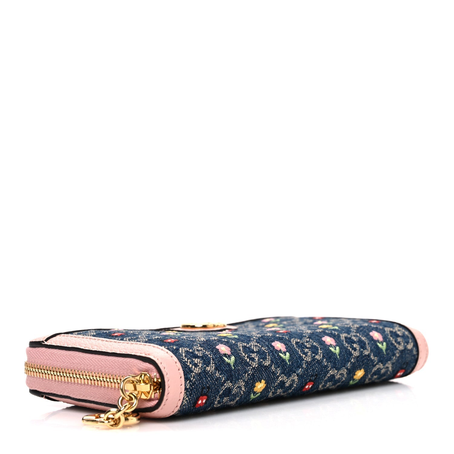 Gucci New Denim GG Monogram Calfskin Love Parade Zip Around Wallet Light Pink