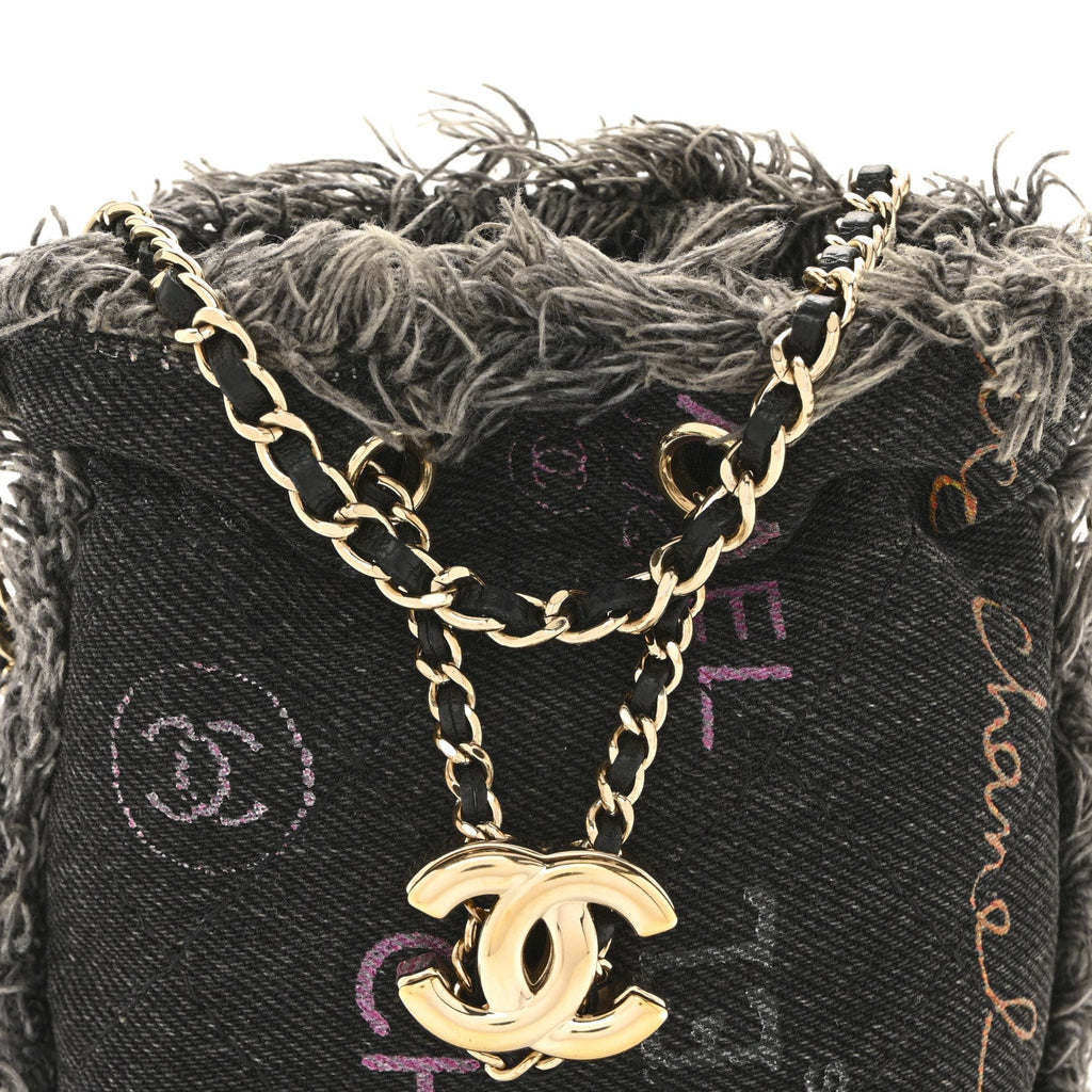 Chanel Denim Quilted Mood Mini Bucket With Chain Black Multicolor