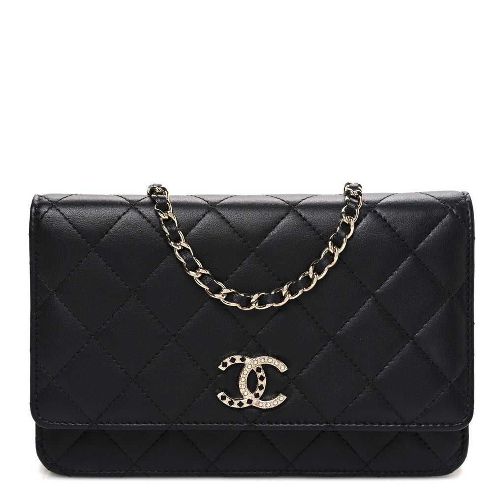 Chanel Lambskin Pearl Strass Quilted CC Wallet on Chain WOC Black