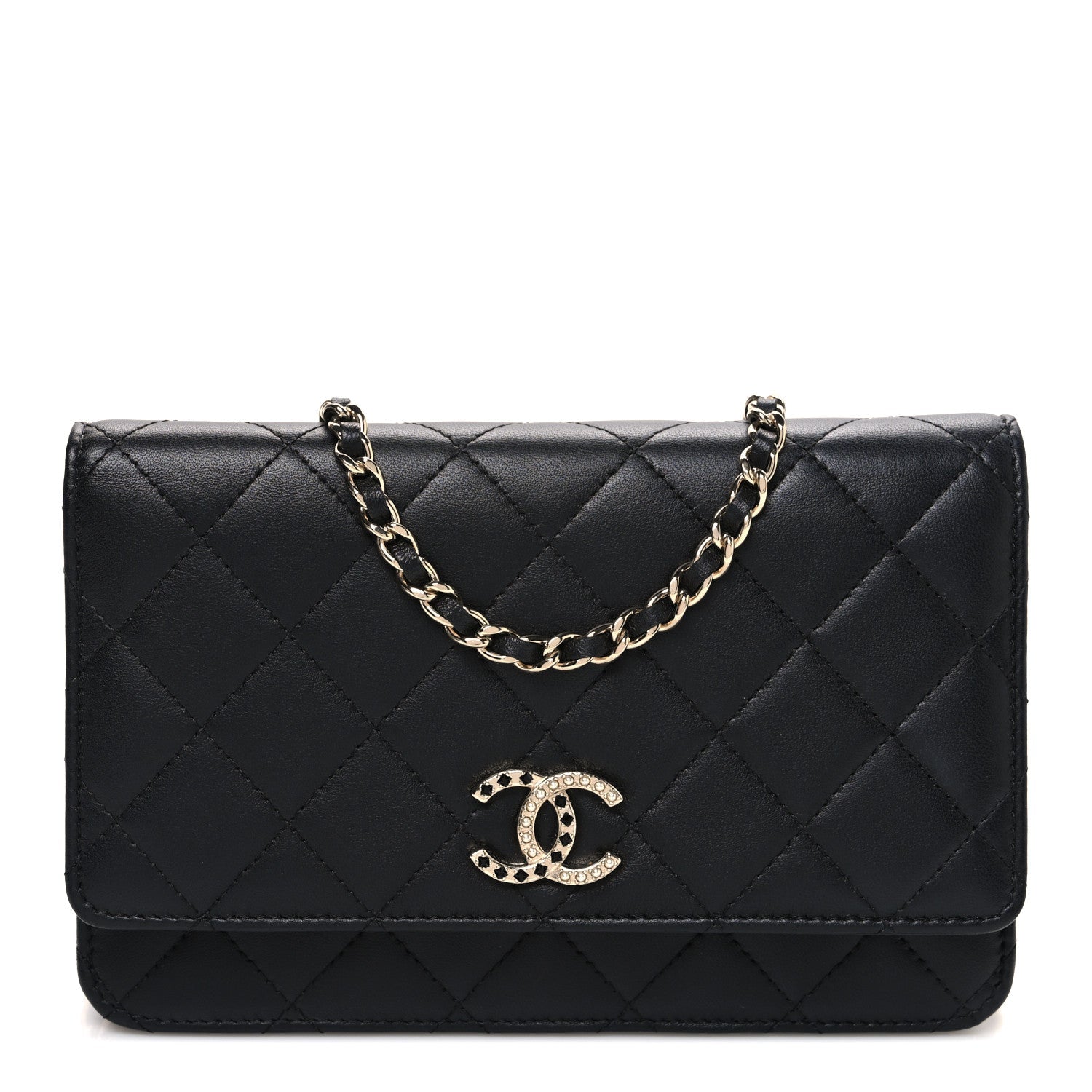 Chanel Lambskin Pearl Strass Quilted CC Wallet on Chain WOC Black