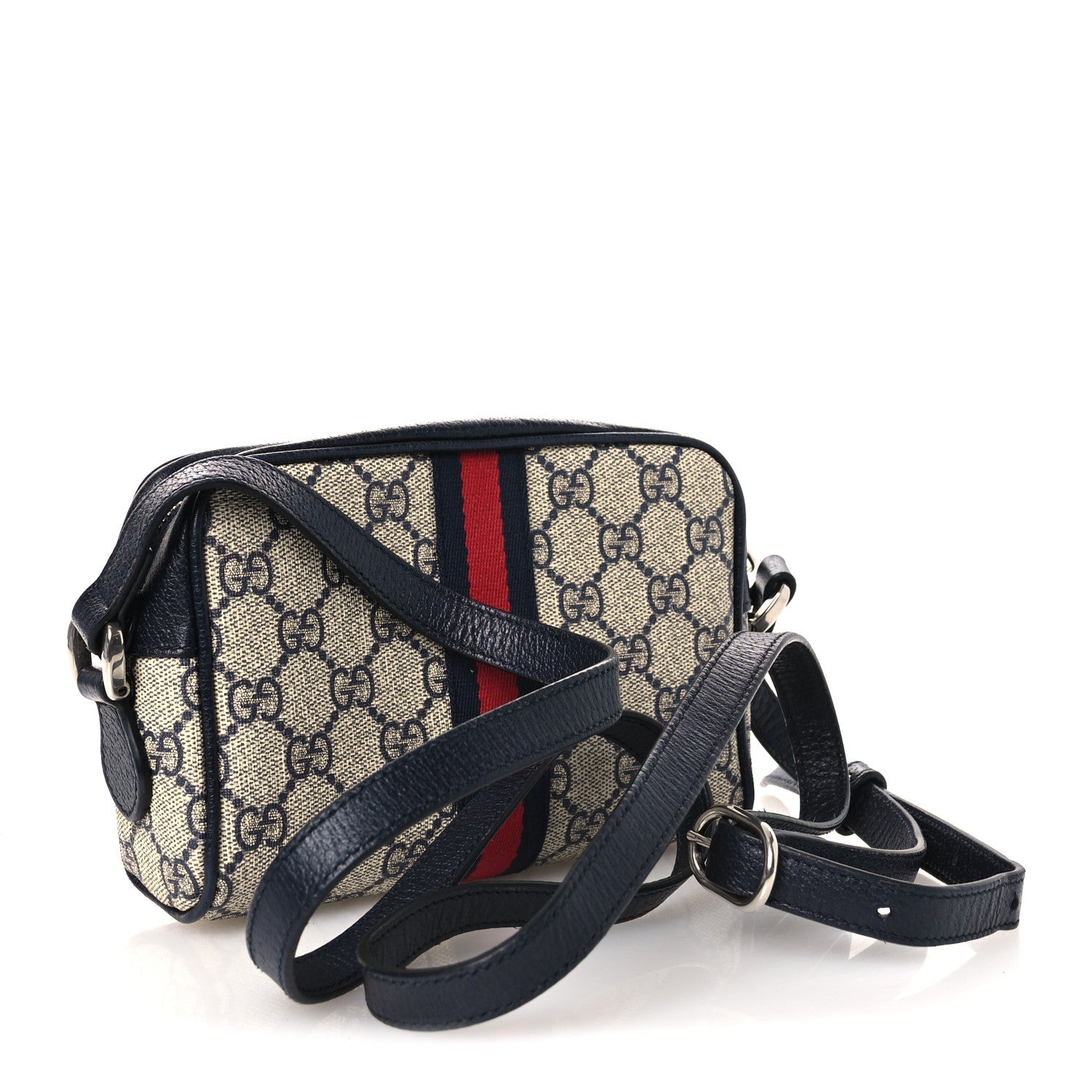 Gucci GG Supreme Monogram Textured Dollar Calfskin Web Mini Ophidia Shoulder Bag Beige Blue