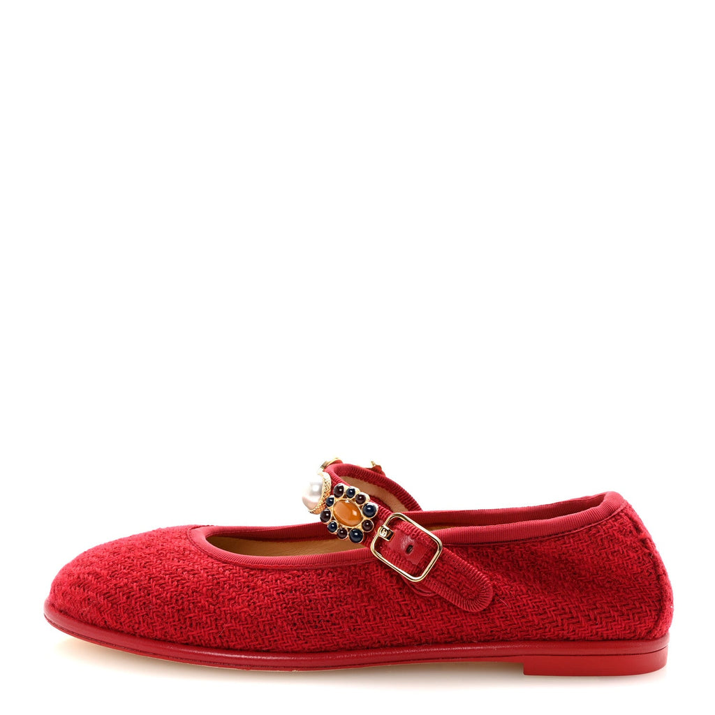 Chanel Wool Tweed Patent Mary Jane Flats 36 Red