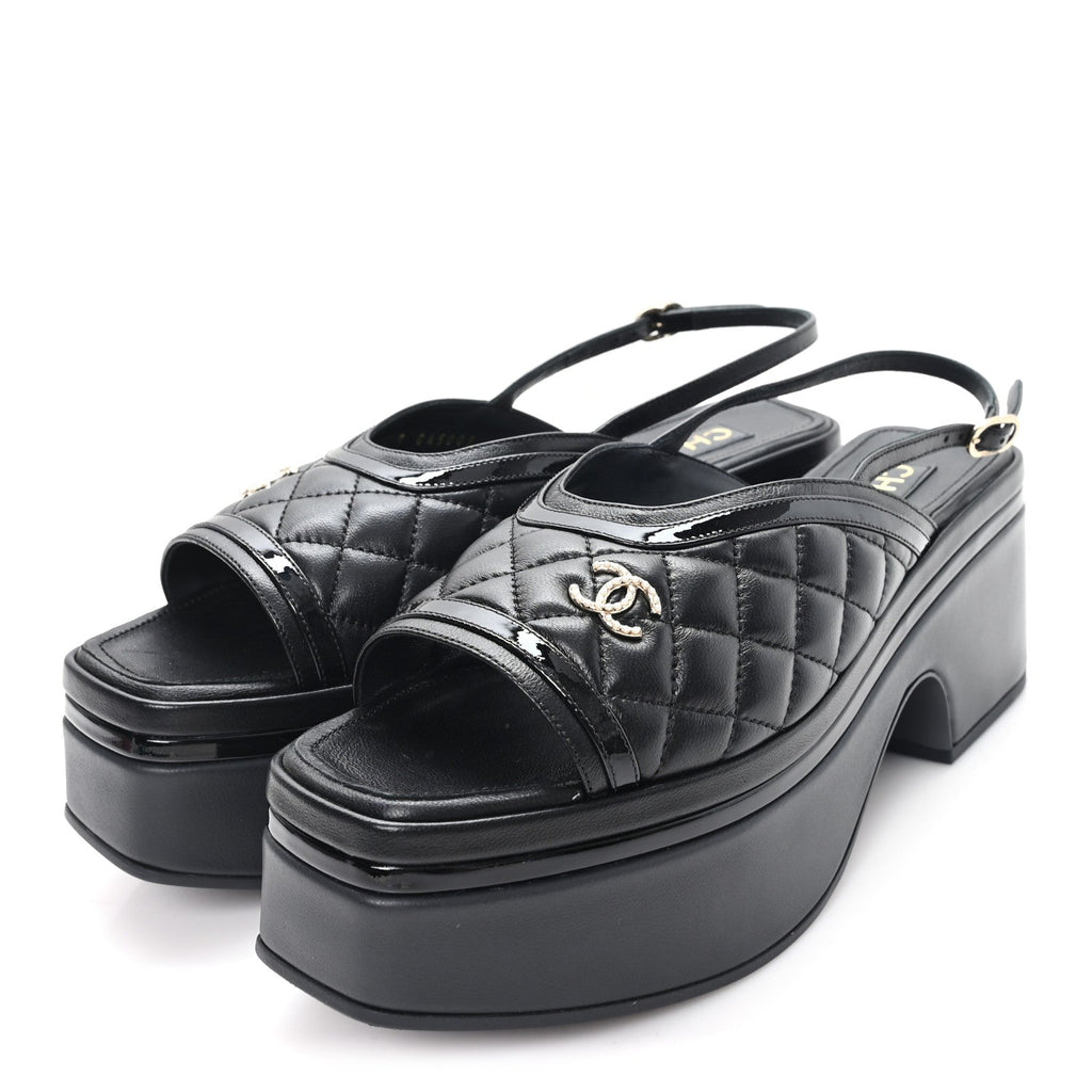 Lambskin Patent Quilted CC Platform Sandals 39.5 Black