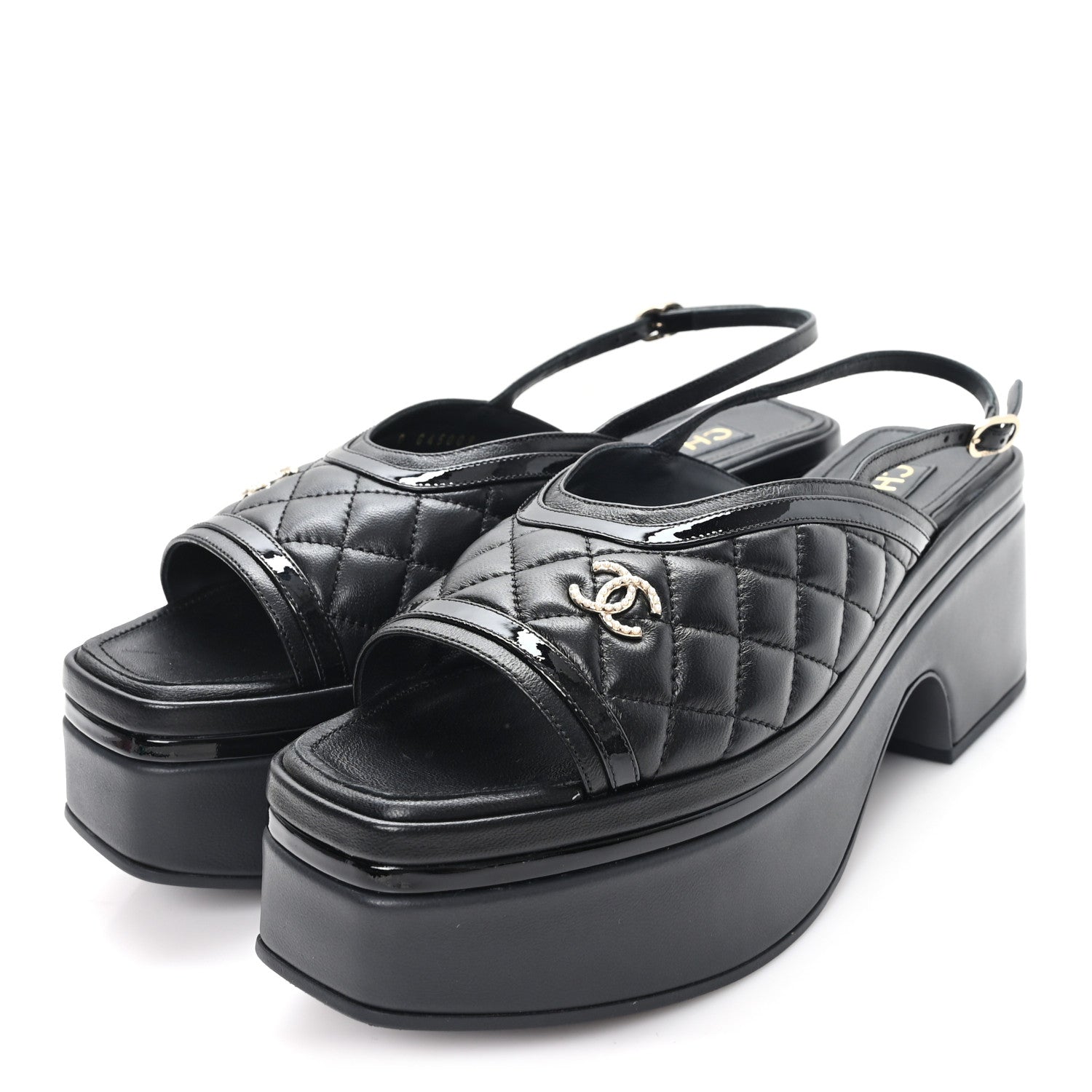 Lambskin Patent Quilted CC Platform Sandals 39.5 Black