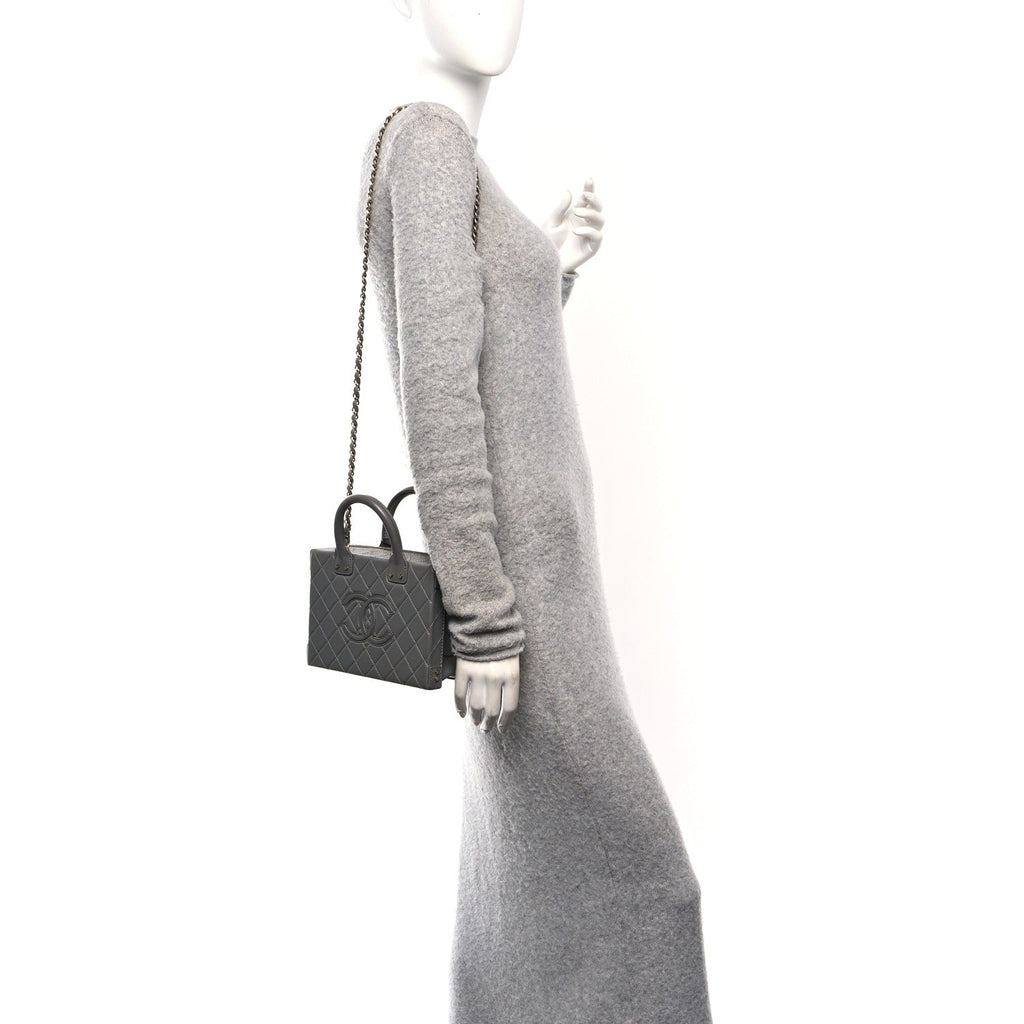 Calfskin Quilted Studded Square Vanity Case Grey