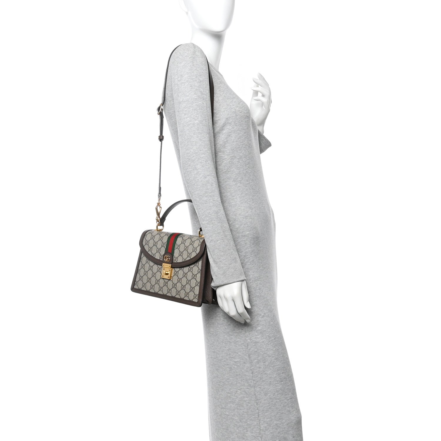 Gucci GG Supreme Monogram Textured Dollar Calfskin Web Small Ophidia Padlock Top Handle Bag Beige Ebony New Acero