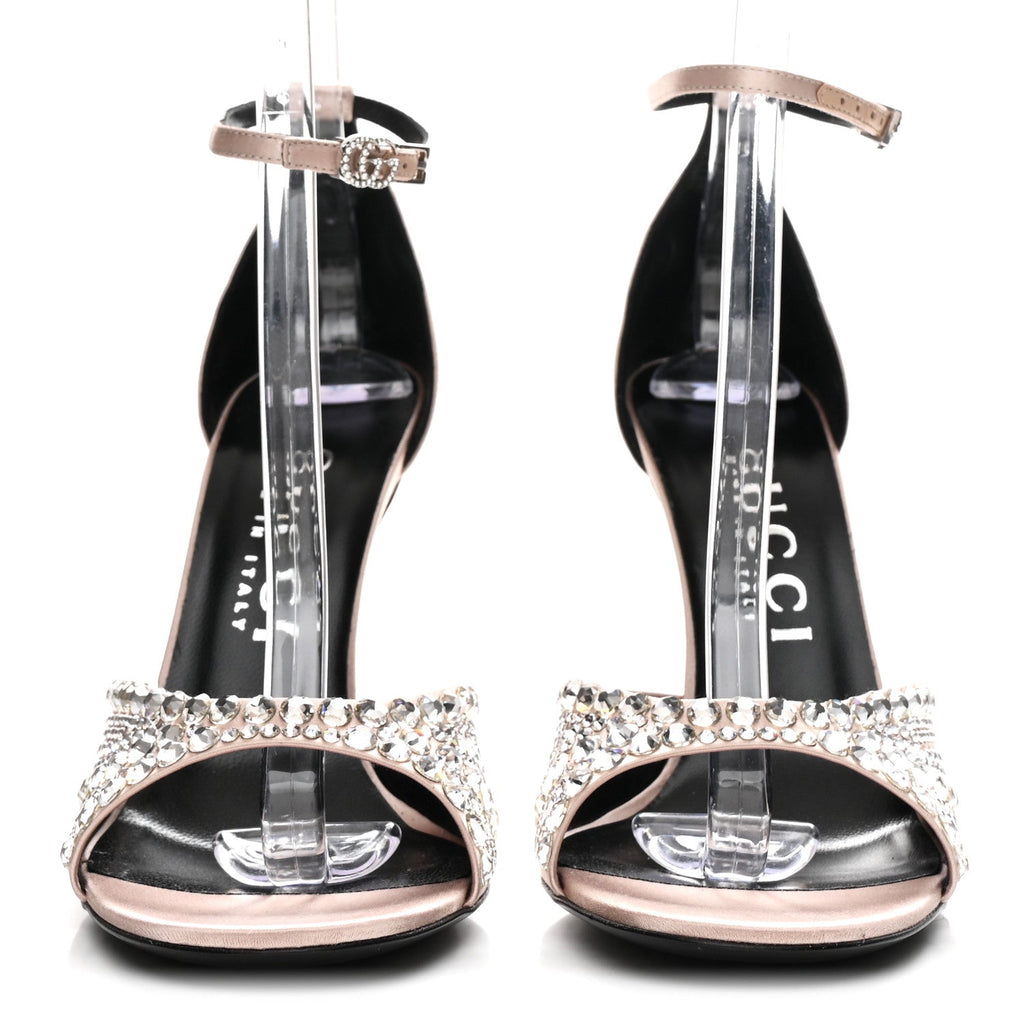 Gucci Satin Crystal Ankle Strap Sandal Pumps 39.5 Skin Rose