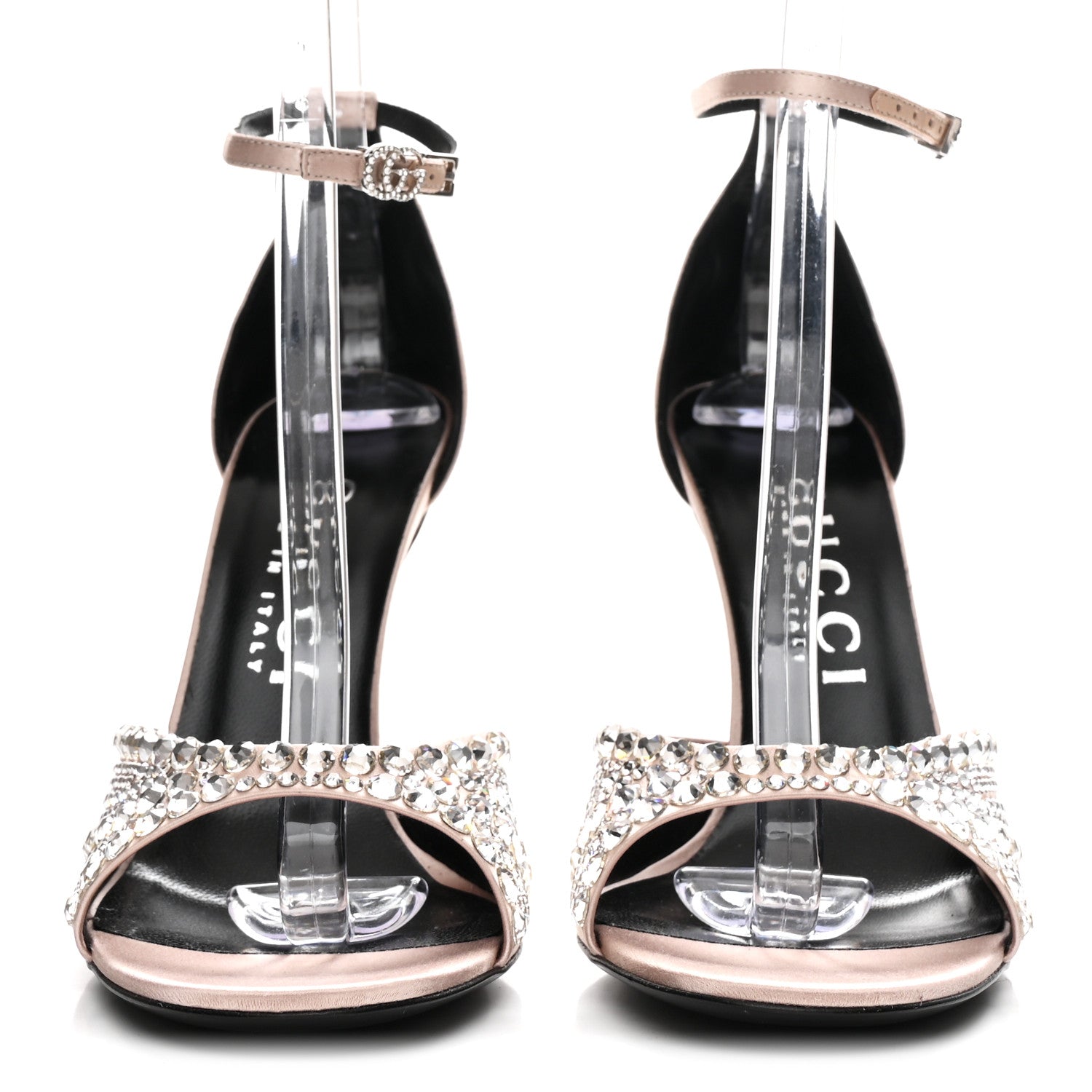 Gucci Satin Crystal Ankle Strap Sandal Pumps 39.5 Skin Rose