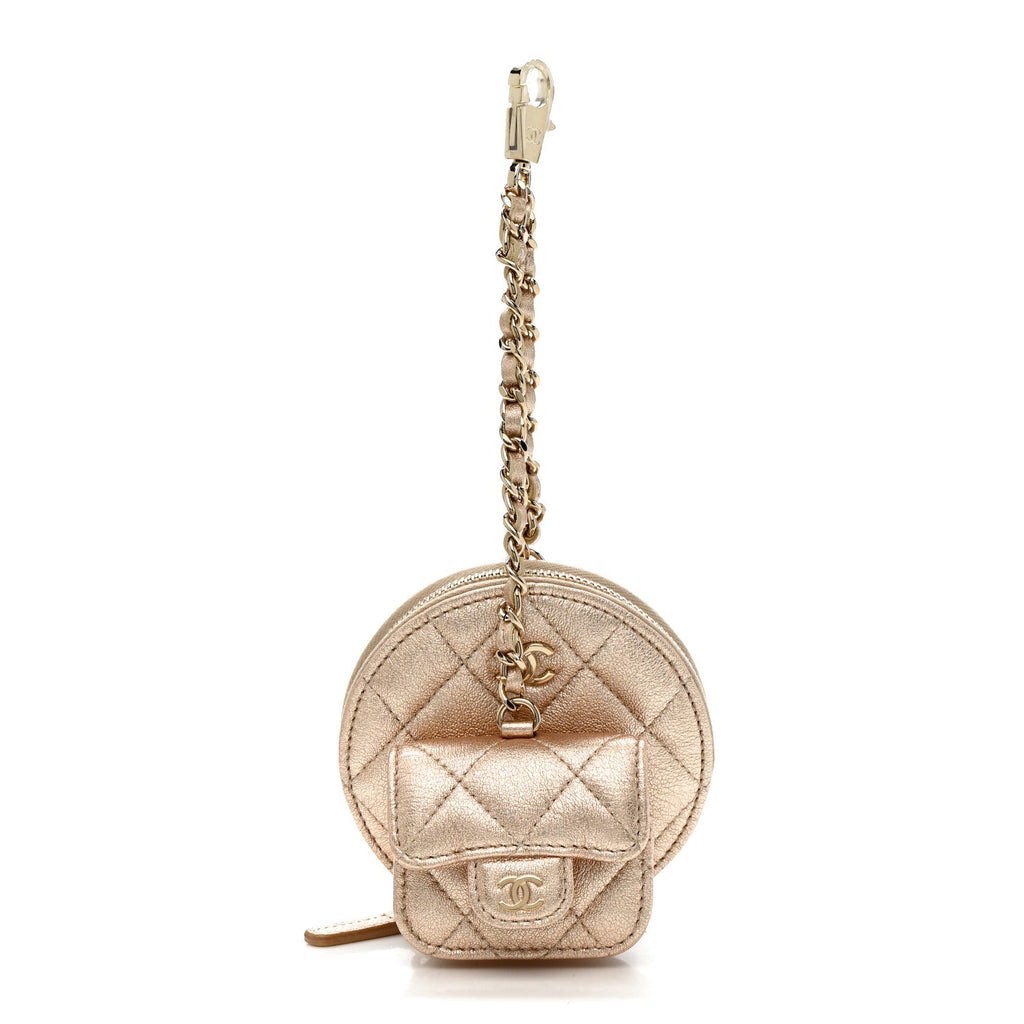 Metallic Lambskin Quilted Round Clip On Coin Purse Airpods Case Gold