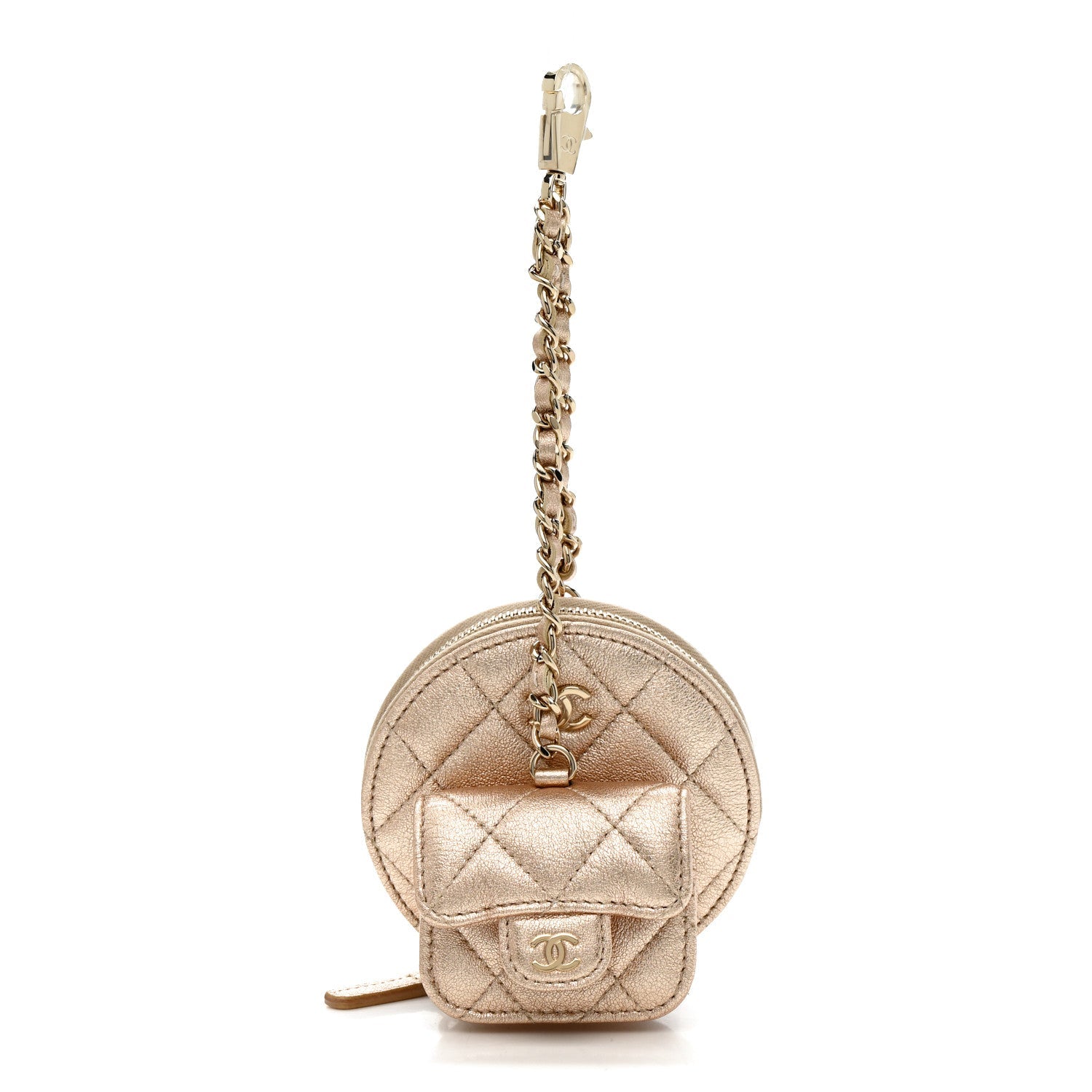Metallic Lambskin Quilted Round Clip On Coin Purse Airpods Case Gold
