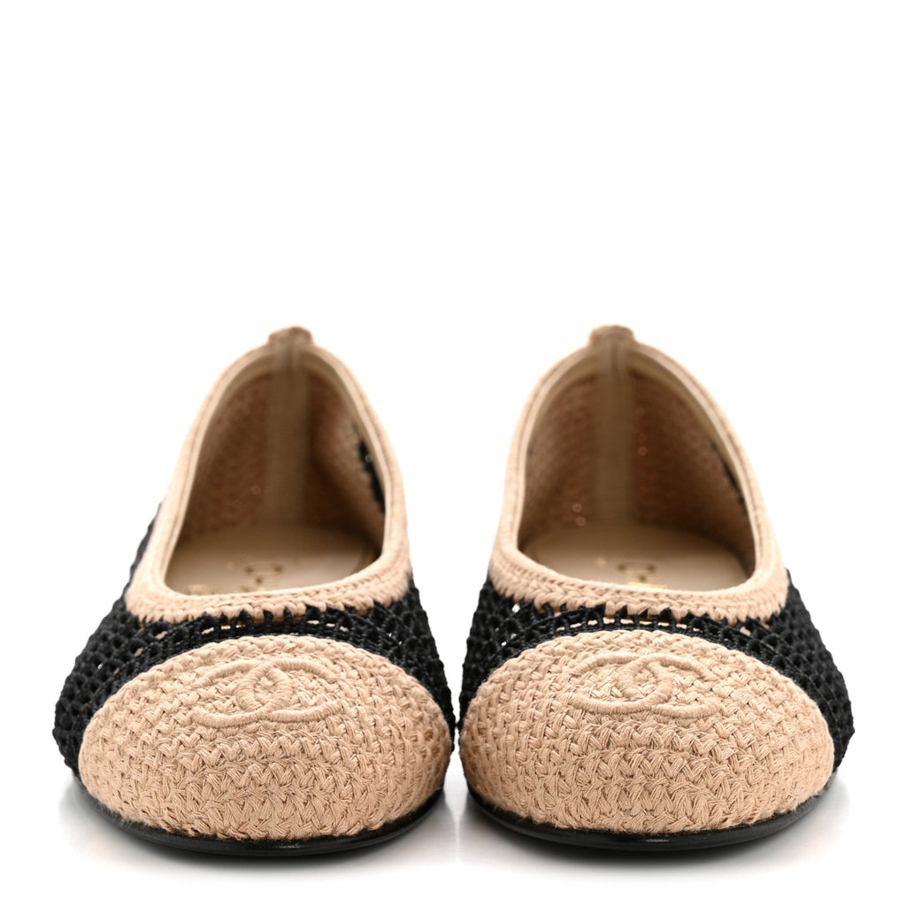 Raffia Cap Toe Ballerina Flats 37 Black Beige