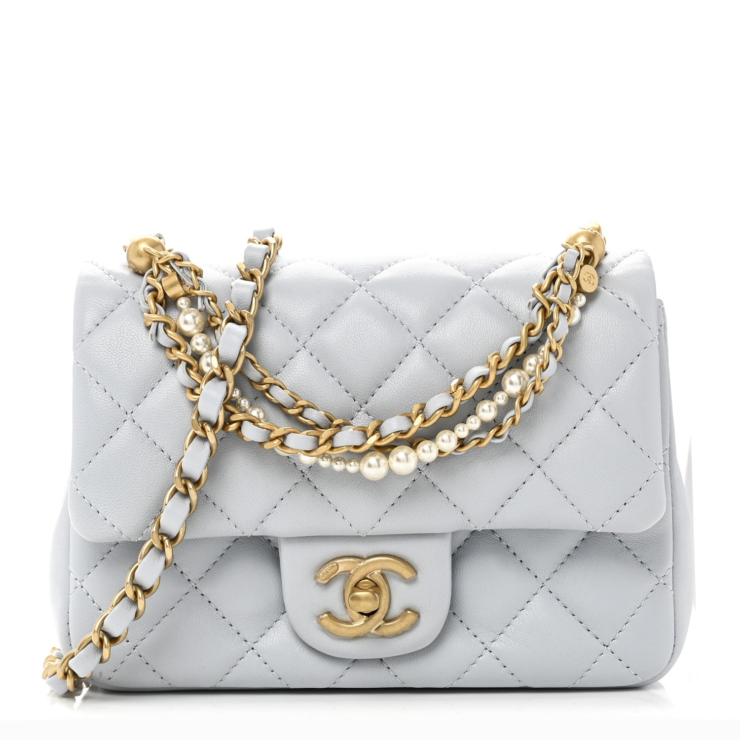 Chanel Shiny Lambskin Quilted Pearl Twist Mini Square Flap Light Blue