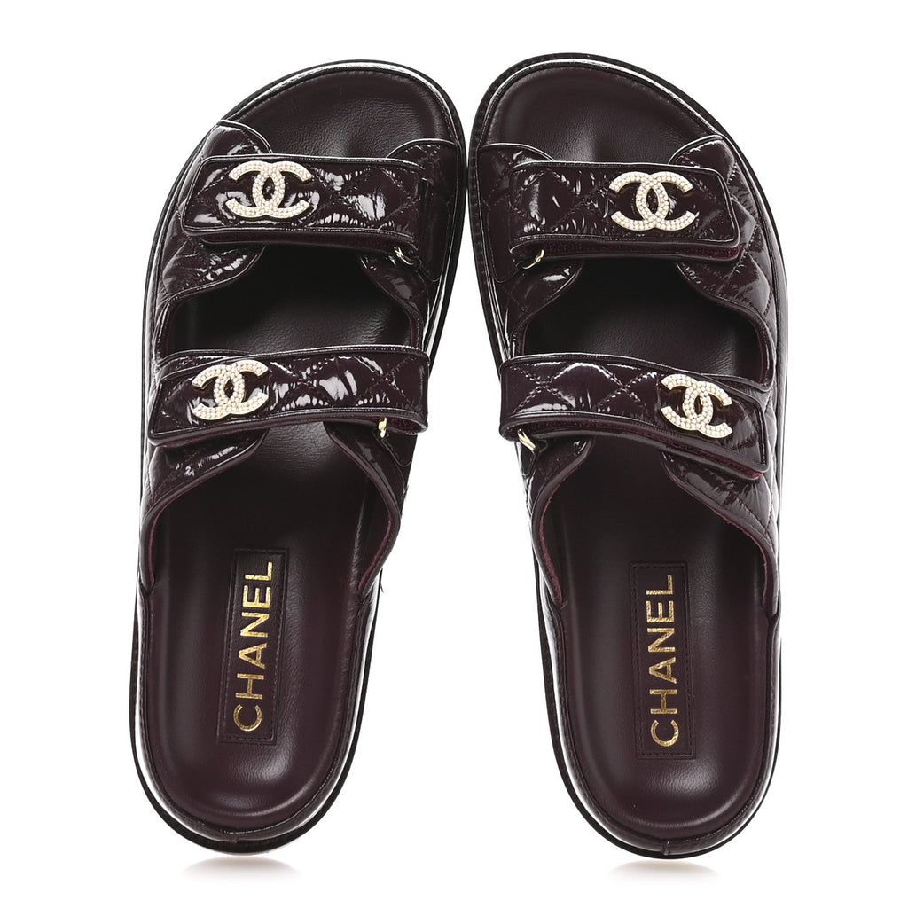 Chanel Shiny Calfskin Quilted Velcro Dad Pearl CC Slide Sandals  40 Burgundy
