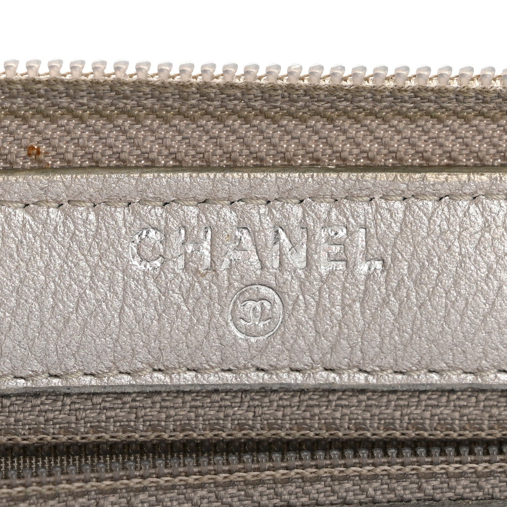 Metallic Goatskin Camellia Embossed Zip Around Wallet Silver
