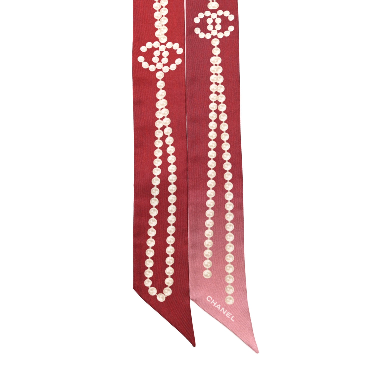 Chanel Silk Pearl CC Slim Bandeau Scarf Dark Red Ecru Pink