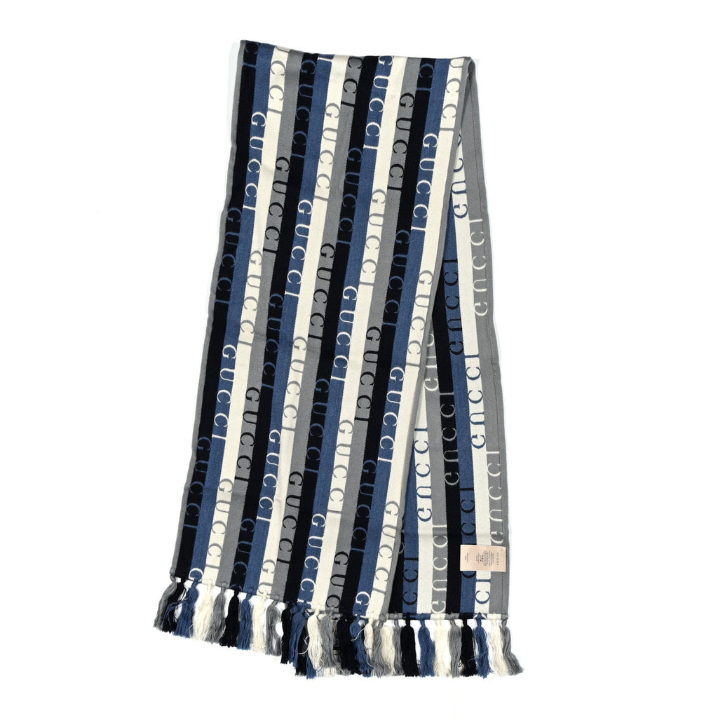 Gucci Wool Cotton Logo Wood Stripes Scarf Sky Blue