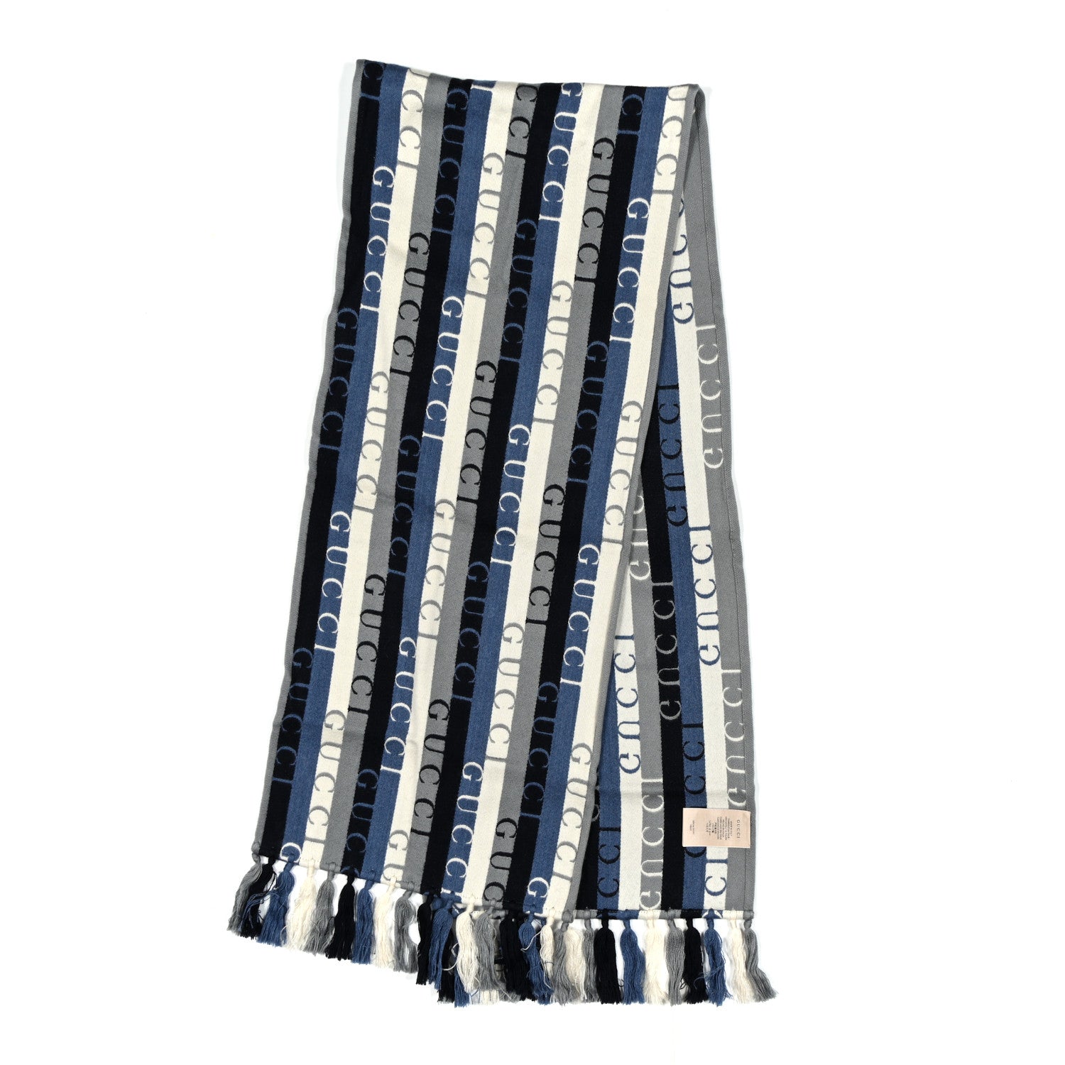 Gucci Wool Cotton Logo Wood Stripes Scarf Sky Blue
