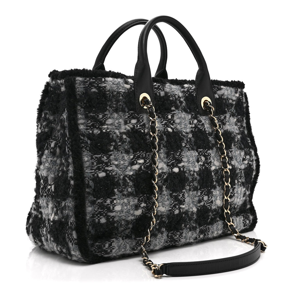 Chanel Tweed Shearling Quilted Lambskin Shopping Tote  Black Grey