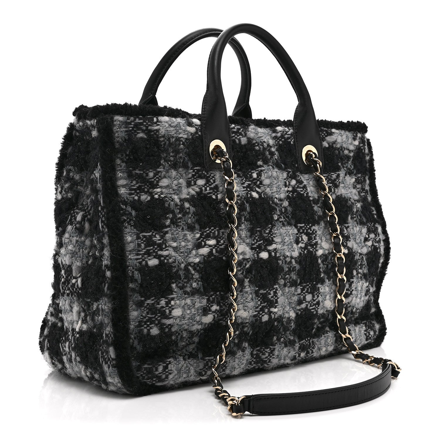 Chanel Tweed Shearling Quilted Lambskin Shopping Tote  Black Grey
