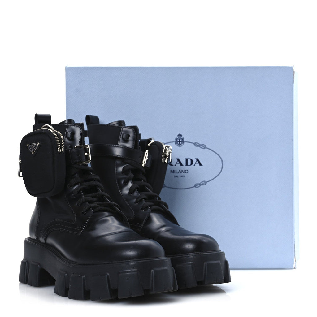 Prada Spazzolato Rois Re-Nylon Metal Triangle Logo Monolith Pouch Pocket 55mm Boots 41 Black