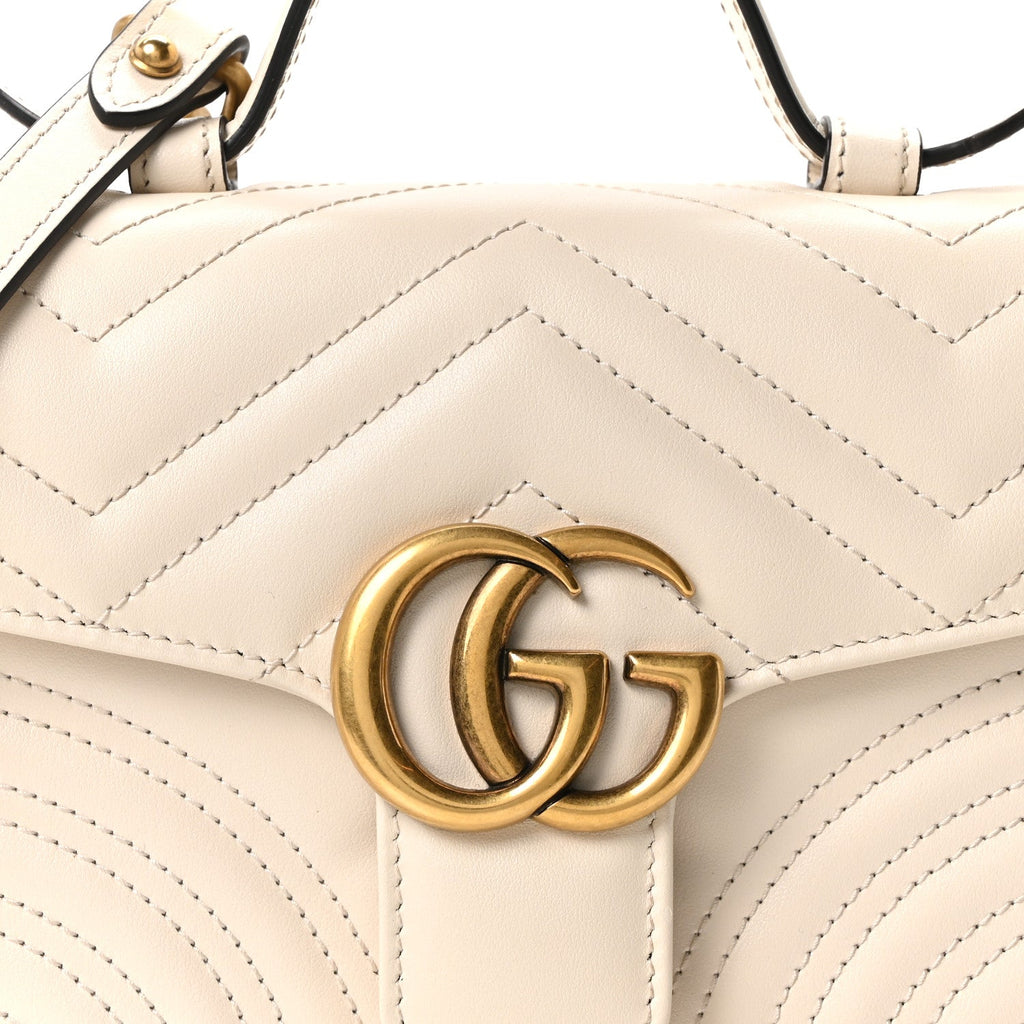 Gucci Calfskin Matelasse Mini GG Marmont Top Handle Shoulder Bag White