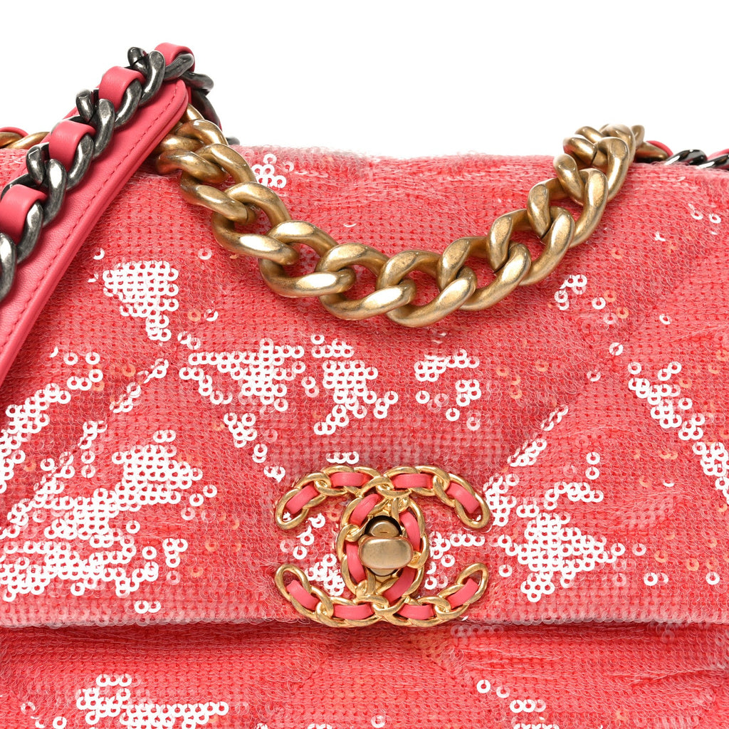 Chanel Sequin Quilted Medium Chanel 19 Flap Coral