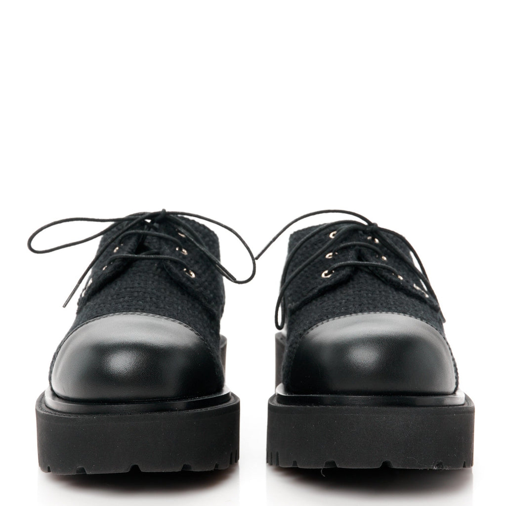 Chanel Wool Tweed Calfskin Lace-Up Loafers 38.5 Black