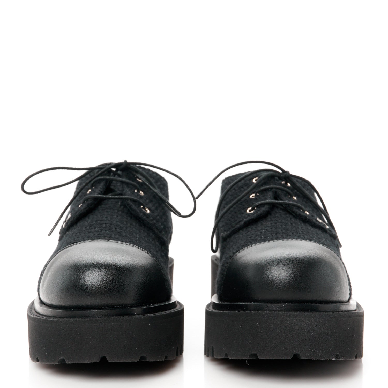 Chanel Wool Tweed Calfskin Lace-Up Loafers 38.5 Black