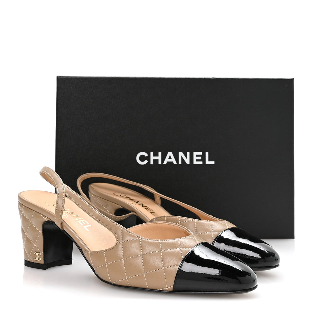 Lambskin Patent Calfskin Quilted Cap Toe CC Slingback Pumps 39.5 Beige Black