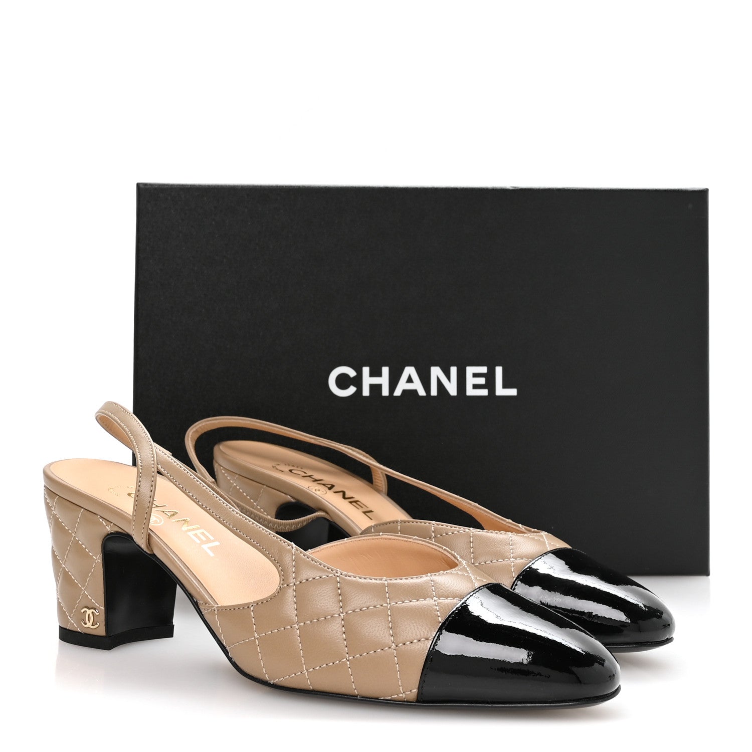 Lambskin Patent Calfskin Quilted Cap Toe CC Slingback Pumps 39.5 Beige Black