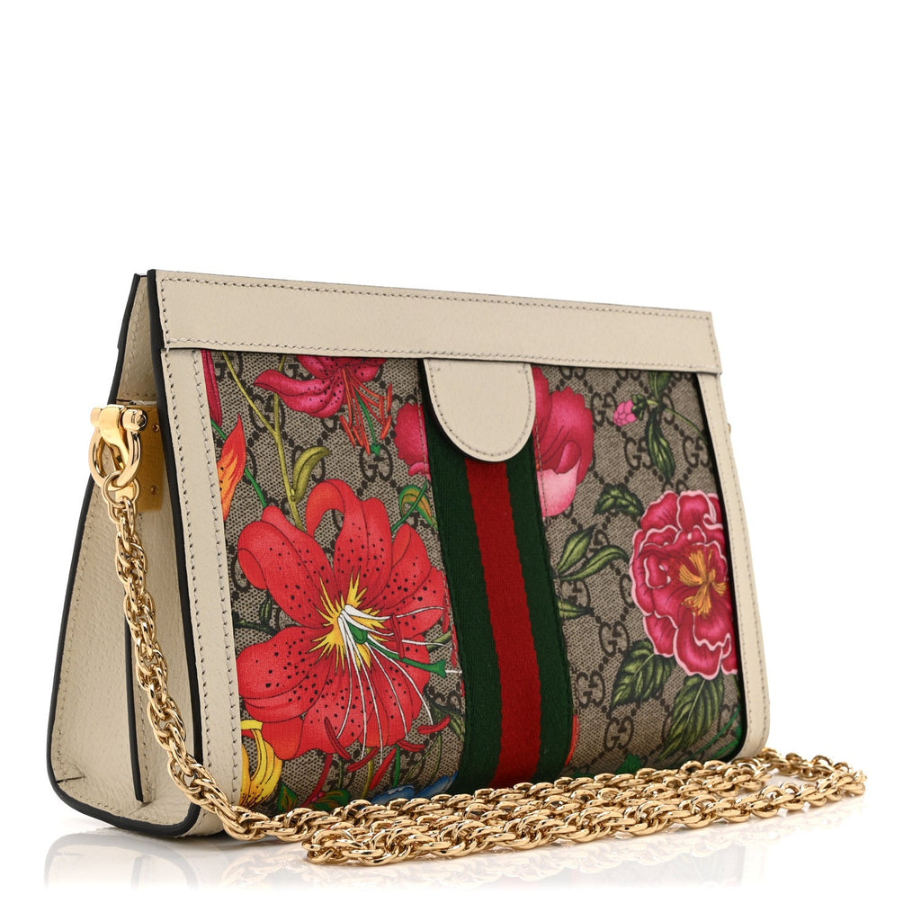 Gucci GG Supreme Monogram Flora Web Small Ophidia Chain Shoulder Bag White