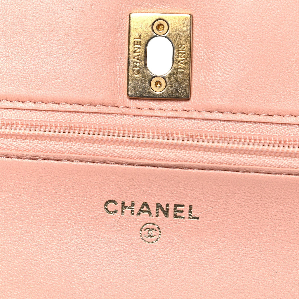 Chanel Lambskin Quilted CC Pearl Crush Wallet on Chain WOC Light Orange
