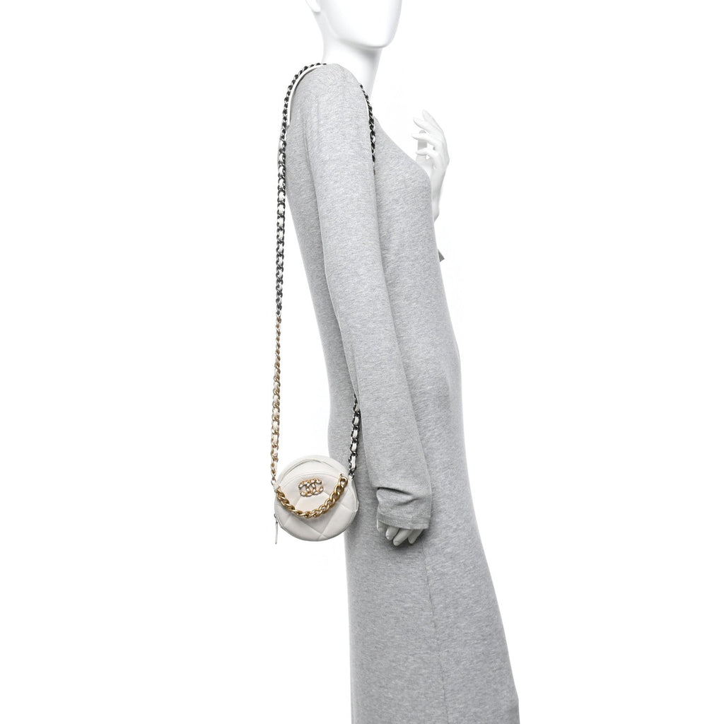 Chanel Shiny Goatskin Quilted Chanel 19 Round Clutch With Chain White