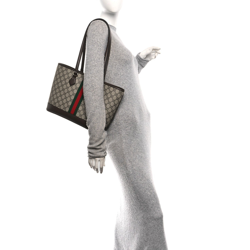 Gucci GG Supreme Monogram Textured Calfskin Web Small Ophidia Shoulder Tote Bag Beige Ebony New Acero