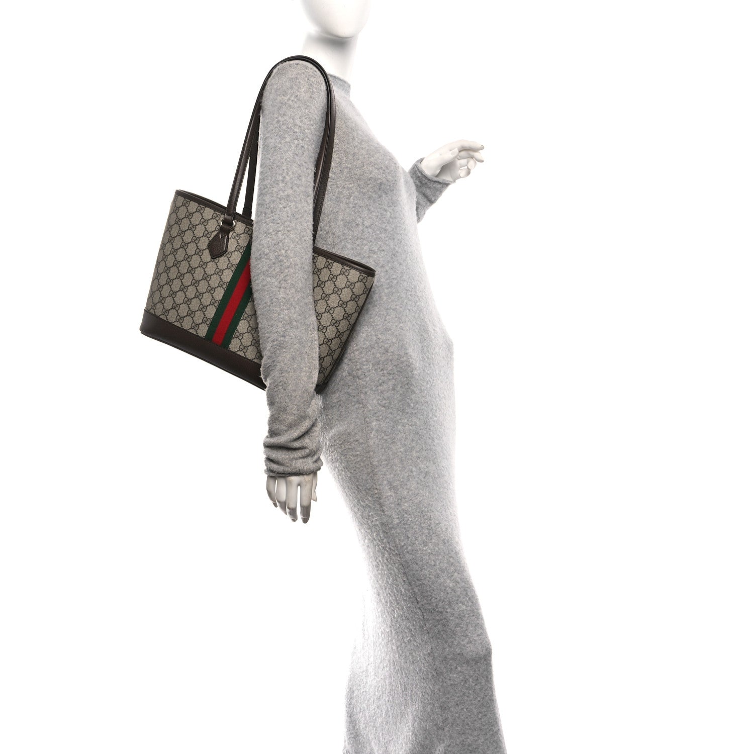 Gucci GG Supreme Monogram Textured Calfskin Web Small Ophidia Shoulder Tote Bag Beige Ebony New Acero