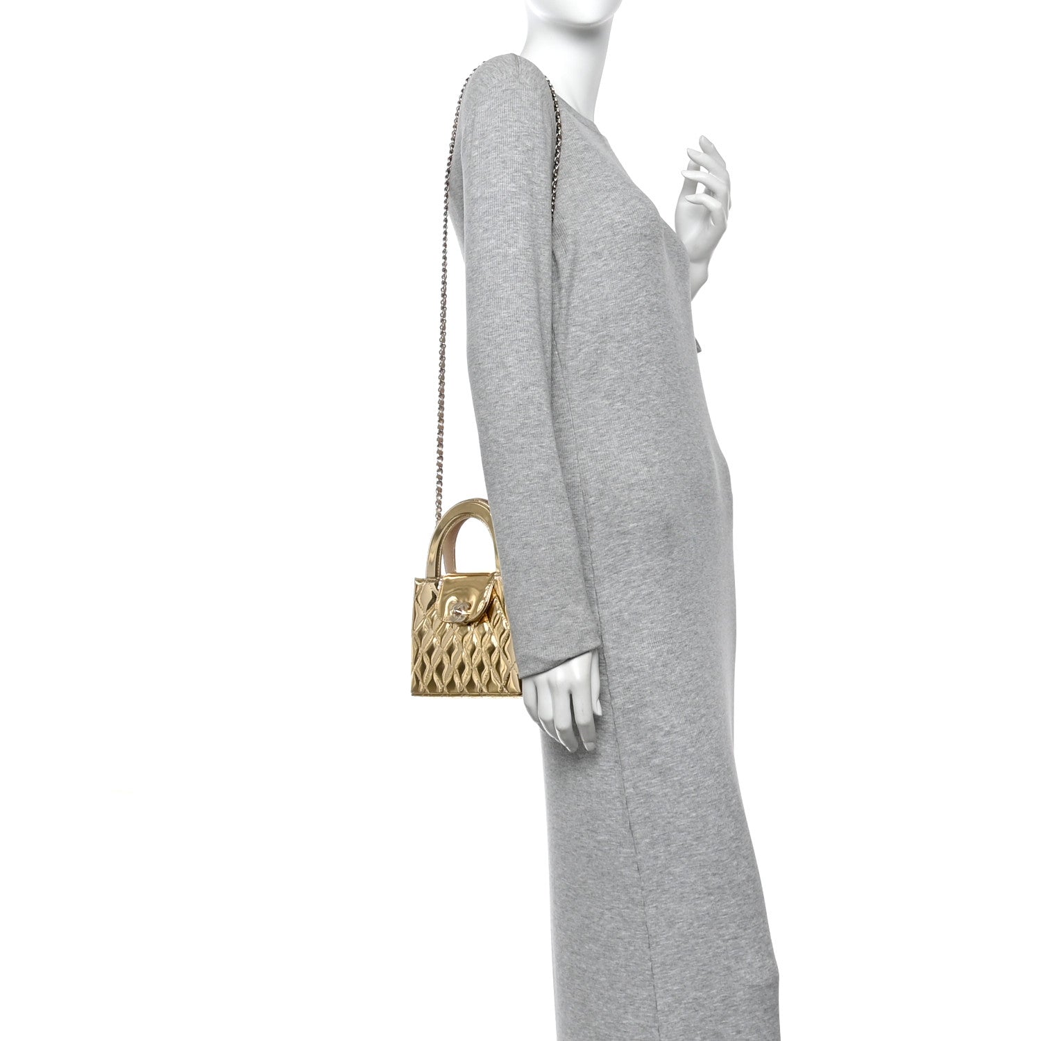 Chanel Mirror Calfskin Metallic Calfskin Quilted Nano Kelly Shopper Gold