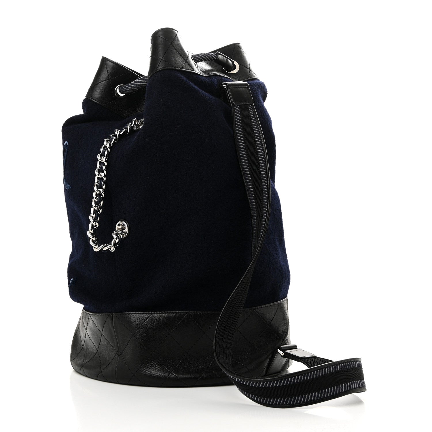 Chanel Wool Calfskin Embroidered Paris Hamburg Drawstring Backpack Navy Blue