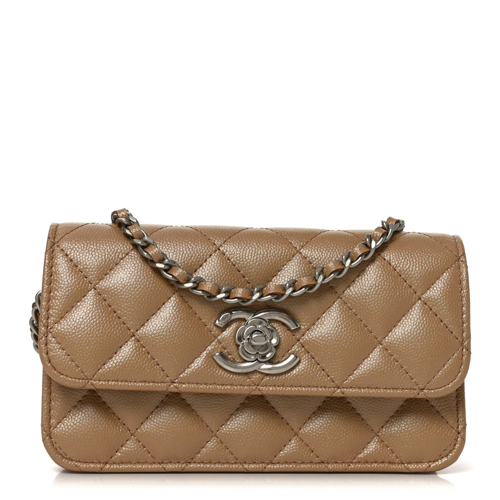 Chanel Iridescent Caviar Quilted Camellia Phone Holder With Chain Beige