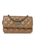 Chanel Iridescent Caviar Quilted Camellia Phone Holder With Chain Beige
